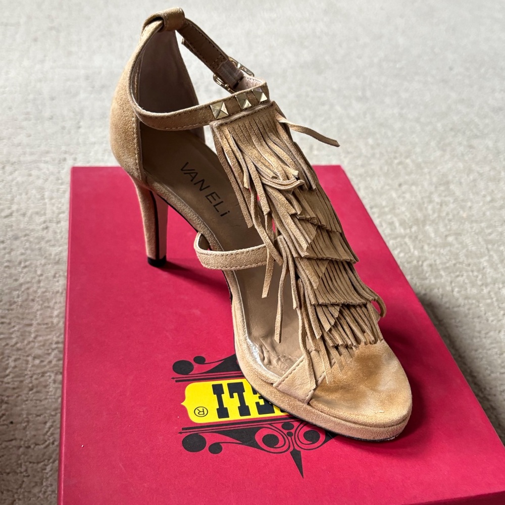 Vaneli Timar Heels in Camel Suede w/ Gold Studs, Hardware; Size 5. Wear shown.